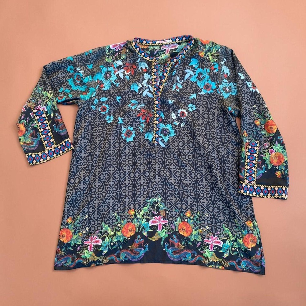 Johnny Was 100% Silk Dragon Floral Embroidered Tunic Blouse Size M